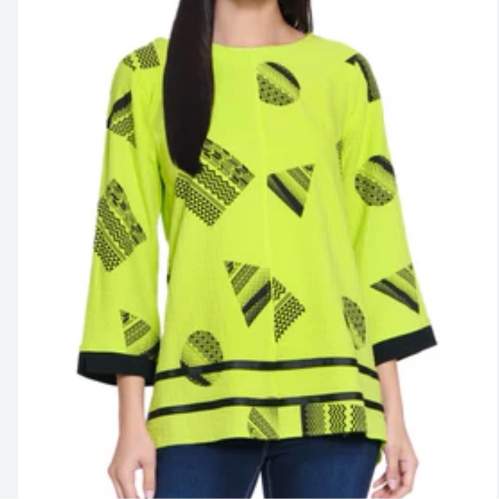 Ali Miles Popover Neon Yellow Black Geometric Patterned Tunic Blouse Shirt Top M